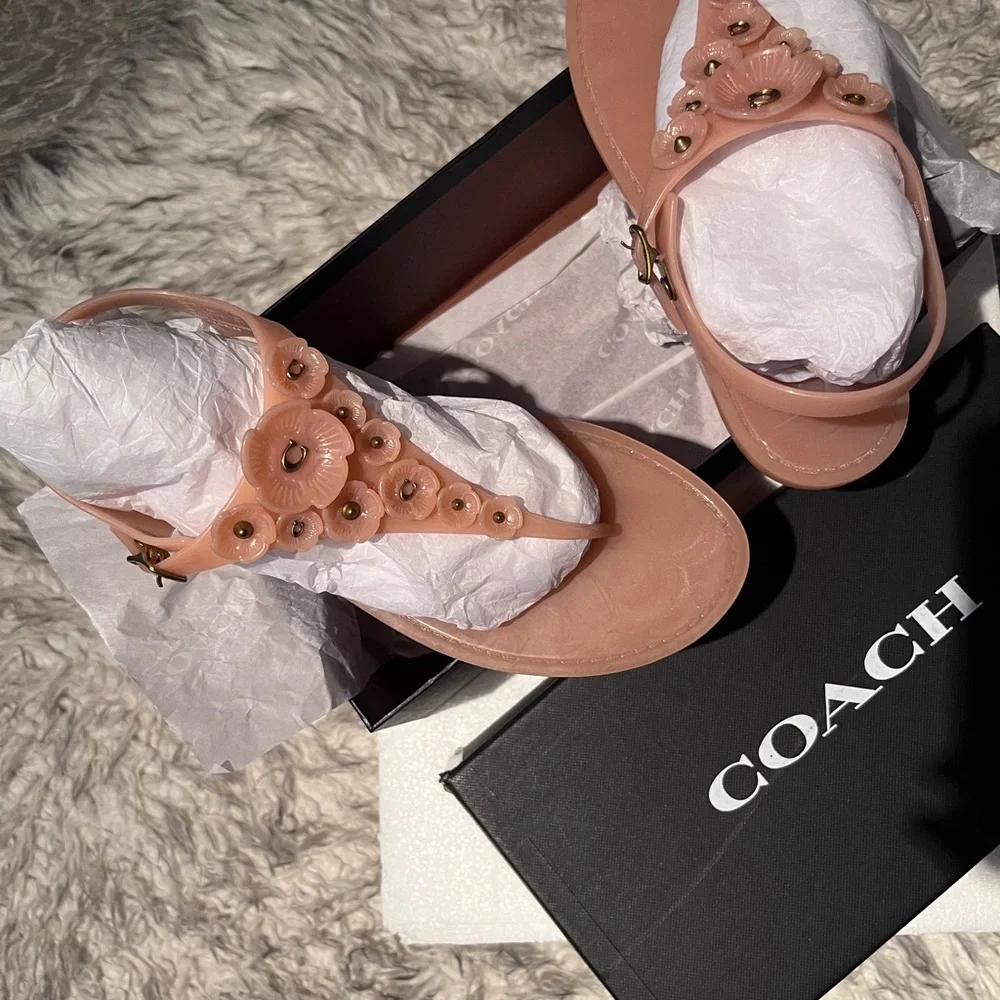 WEEKEND SALE...Coach Peach Jelly T-Strap Floral Sandals